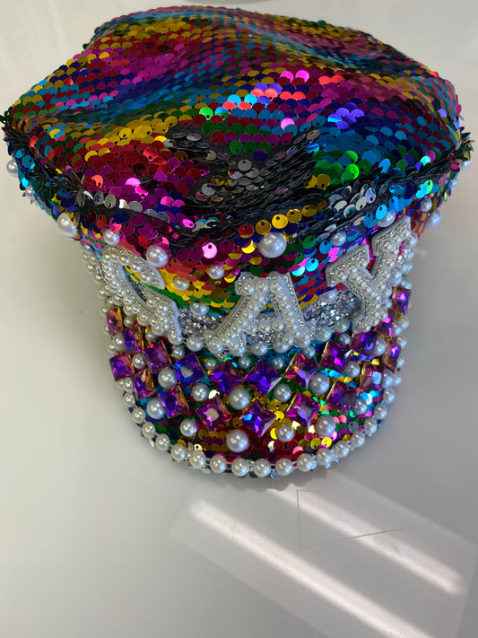 SPARKLING RHINESTONE BRETON CAP RAINBOW GAY