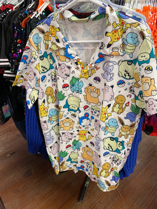 POKEMON MENS CARTOON BUTTON SHORT SLEEVE SHIRT XL