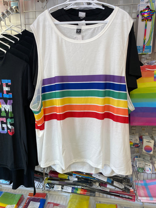 PLUS SIZE WHITE TANK RAINBOW STRIPED SHIRT 1XL