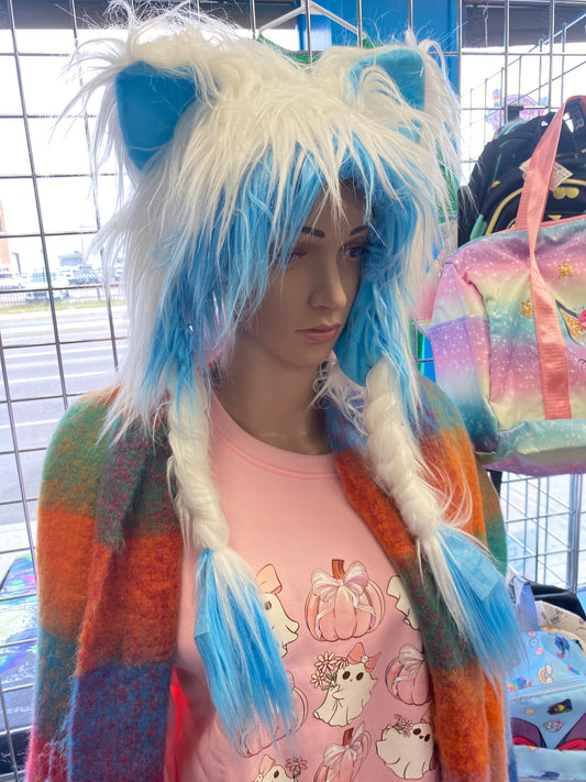 PLUSH CAT EARS FUR BLUE WHITE