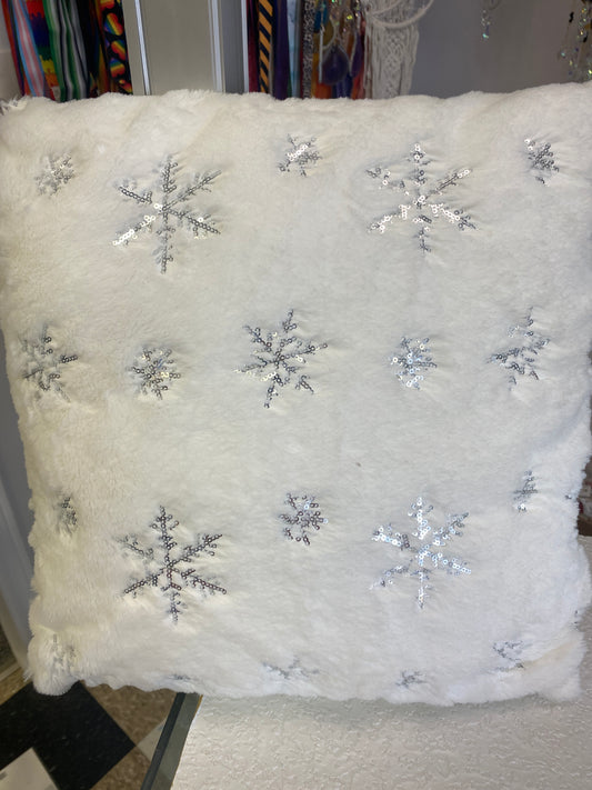 FLUFFY SILVER SNOW FLAKE THROW PILLOW