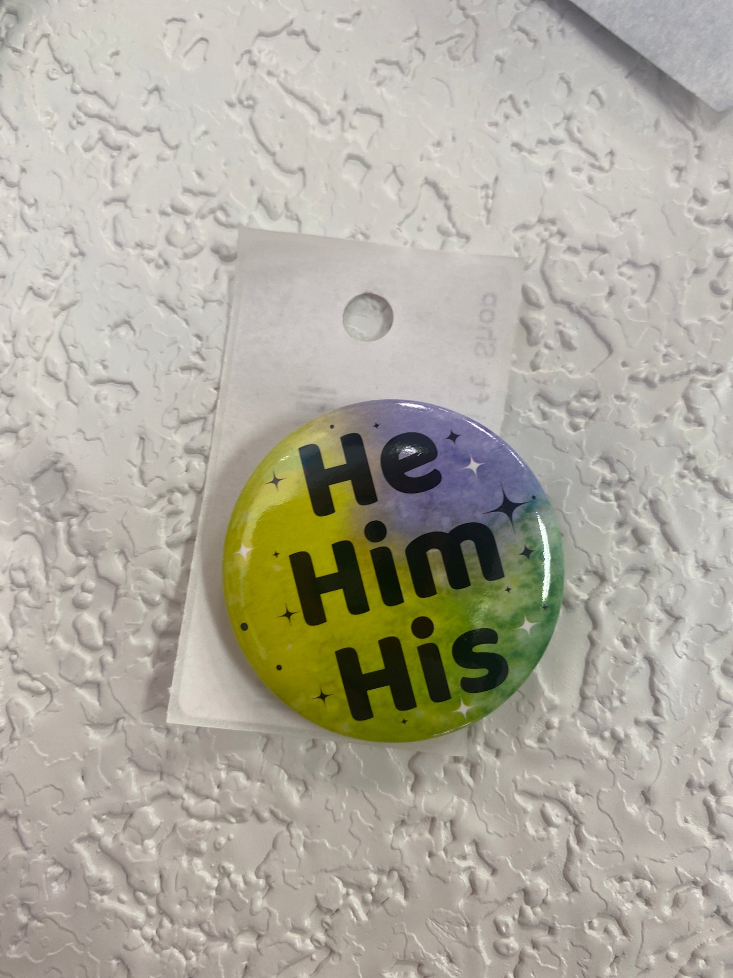 HE HIM HIS YELLOW PURPLE GREEN BUTTON