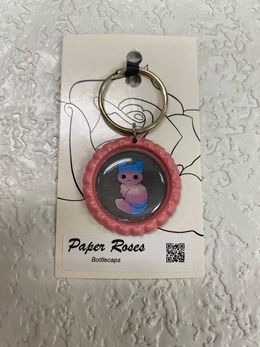 PINK TRANS CAT PRIDE BOTTLE CAP KEYCHAIN