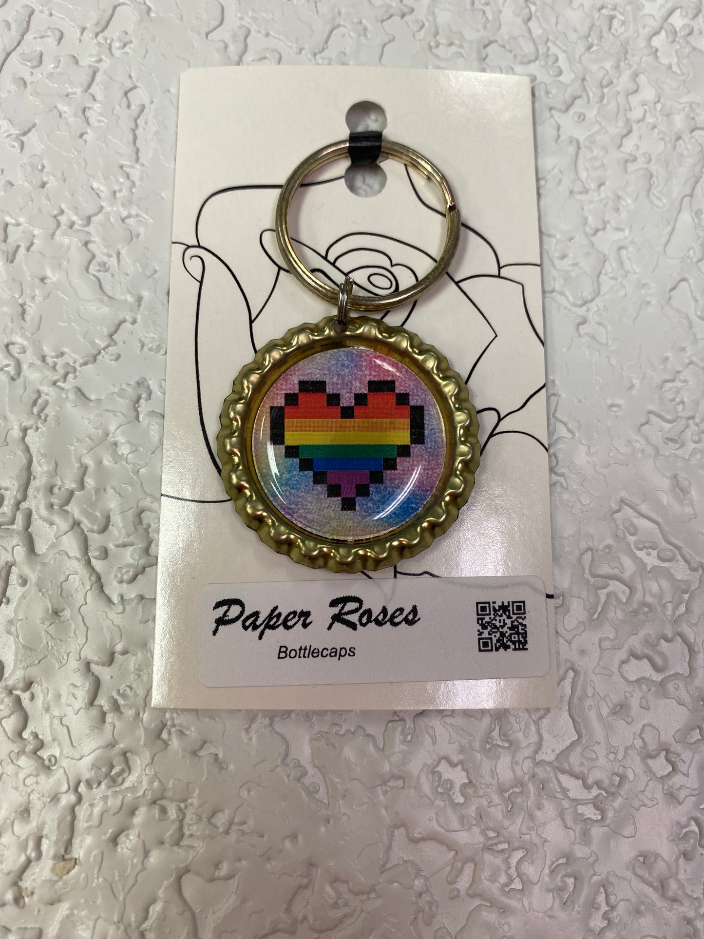 GOLD RAINBOW PIXEL HEART BOTTLE CAP KEYCHAIN