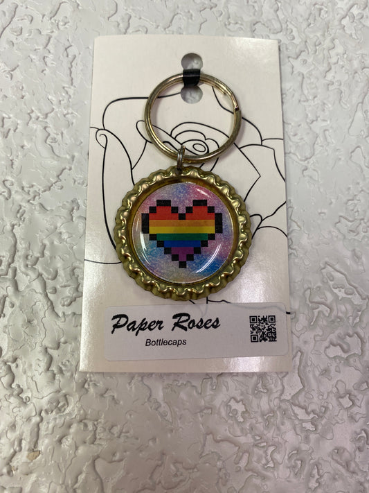GOLD RAINBOW PIXEL HEART BOTTLE CAP KEYCHAIN