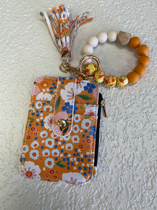 ORANGE FLORAL CHARM WRISTLET WALLET