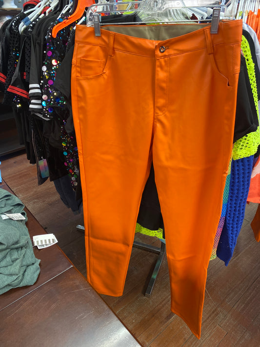 MENS SLIM FIT FAUX LEATHER ORANGE PANTS SIZE 34