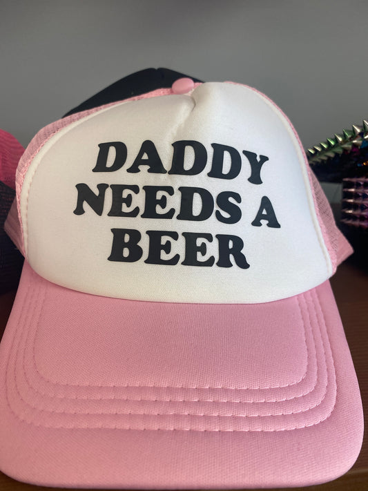 DADDY NEEDS A BEER HAT LIGHT PINK WHITE