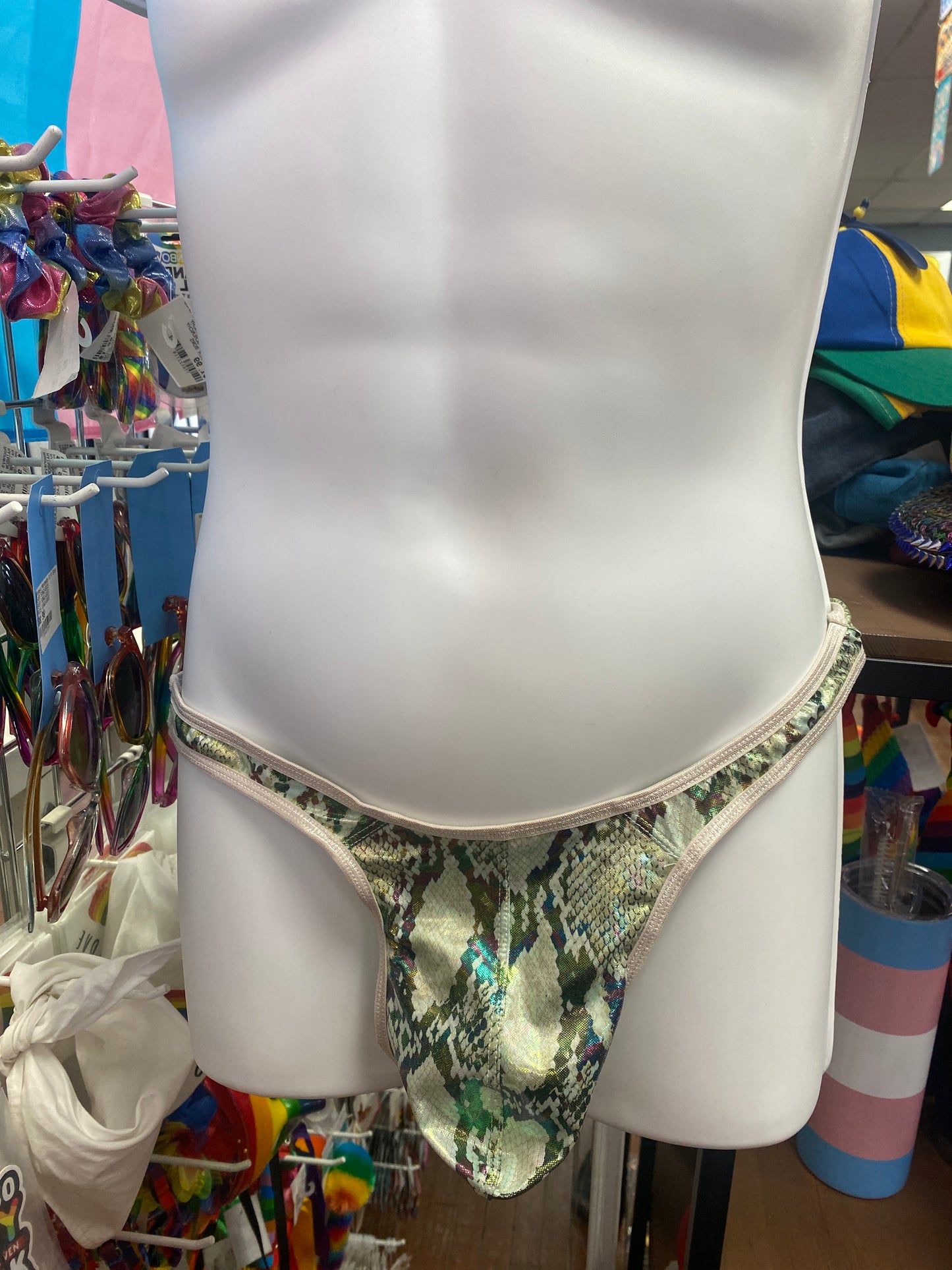 MENS GREEN SHINY PRINT THONG LG