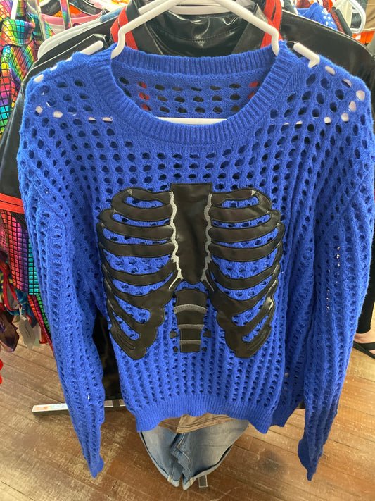 BLUE SKELETON PRINT MESH SWEATER XL