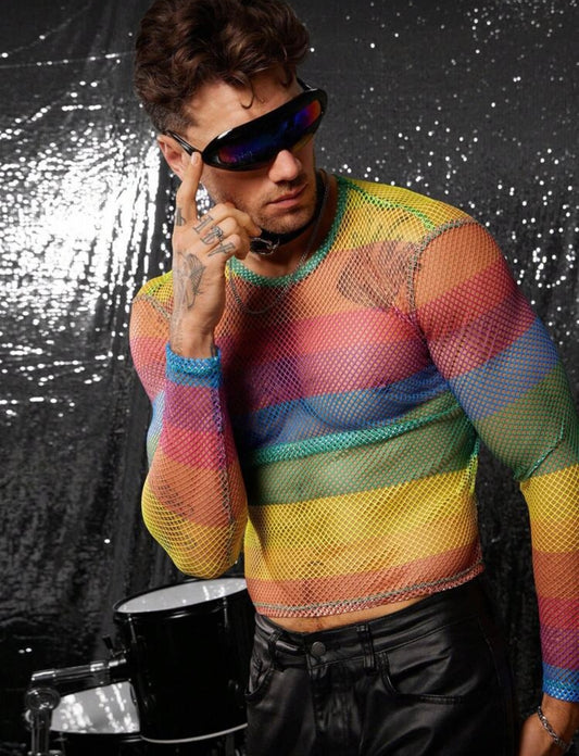 RAINBOW LONG SLEEVE MESH SHIRT LARGE