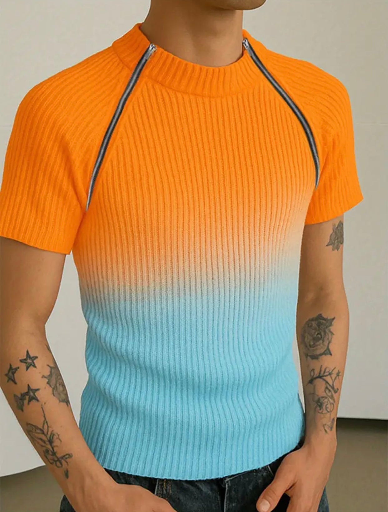 SHIRT MENS GRADIENT COLOR BLOCK ORANGE BLUE TSHIRT