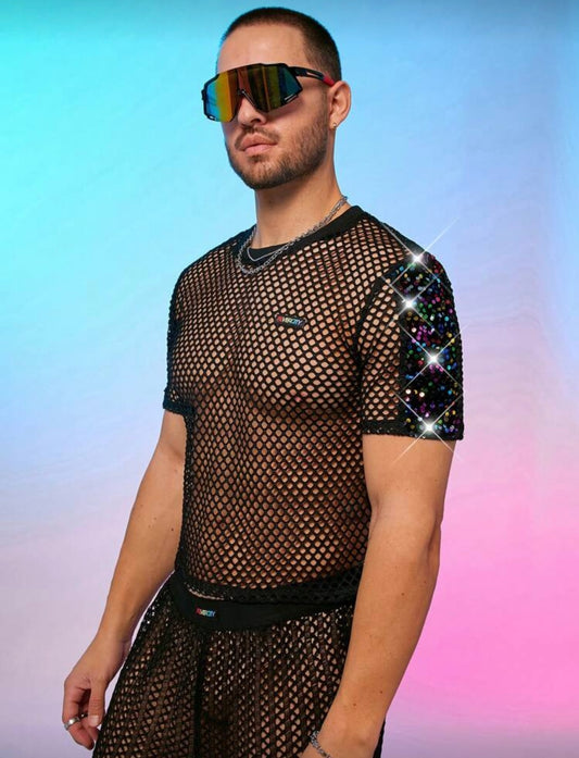 BLACK MESH SHORT SLEEVES GLITTER PATCH SHIRT