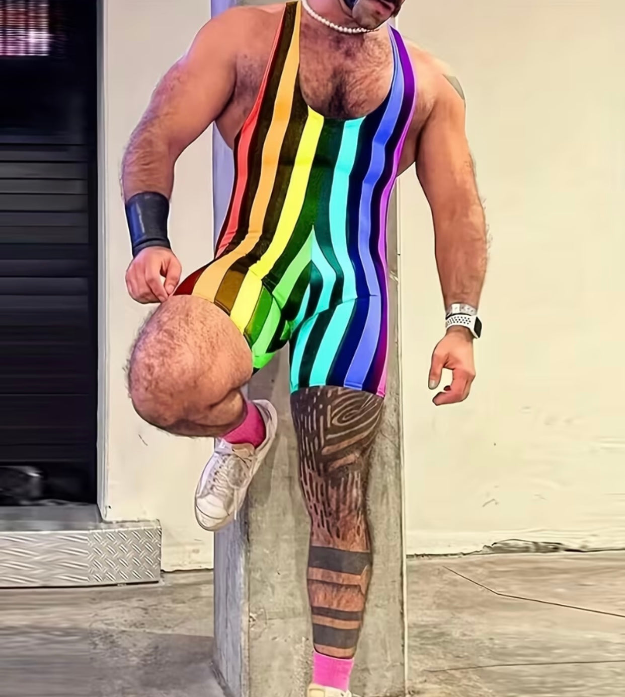 RAINBOW STRIPES PRINT CREW NECK ROMPER