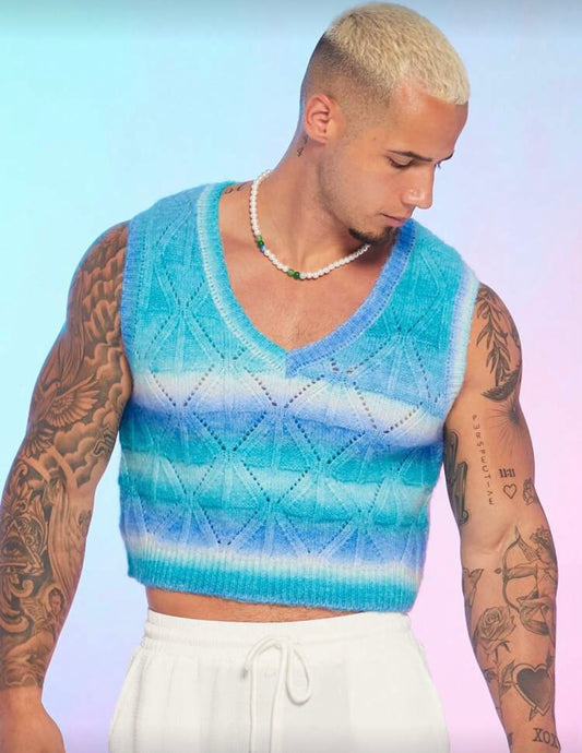 V NECK BLUE KNITTED VEST SLEEVELESS