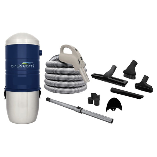 Airstream 600 Air Watt central vacuum with hybrid HEPA filtration and 10 year warranty. For homes up to 3500 sq ft.